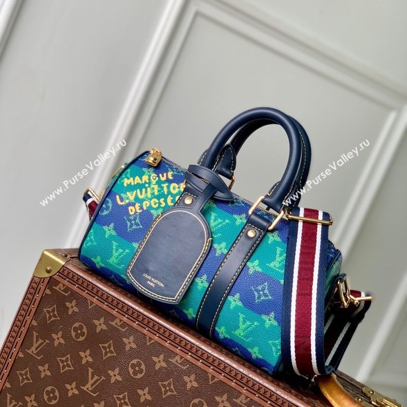 Louis Vuitton Keepall Bandouliere 25 Bag in Blue Stripes Monogram Heritage Canvas M25786 2025 (KI-251008055)