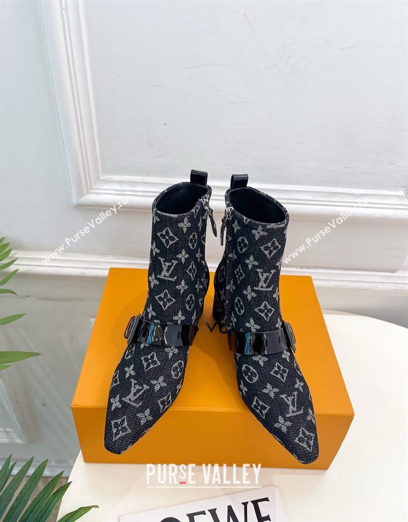 Louis Vuitton Fusee Heel Ankle Boots 5cm in Monogram Denim with Buckle Strap Black 2025 (MD-251022012)