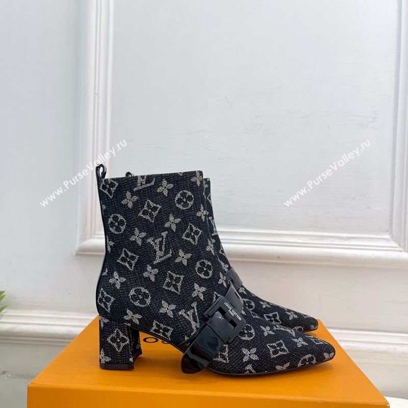 Louis Vuitton Fusee Heel Ankle Boots 5cm in Monogram Denim with Buckle Strap Black 2025 (MD-251022012)
