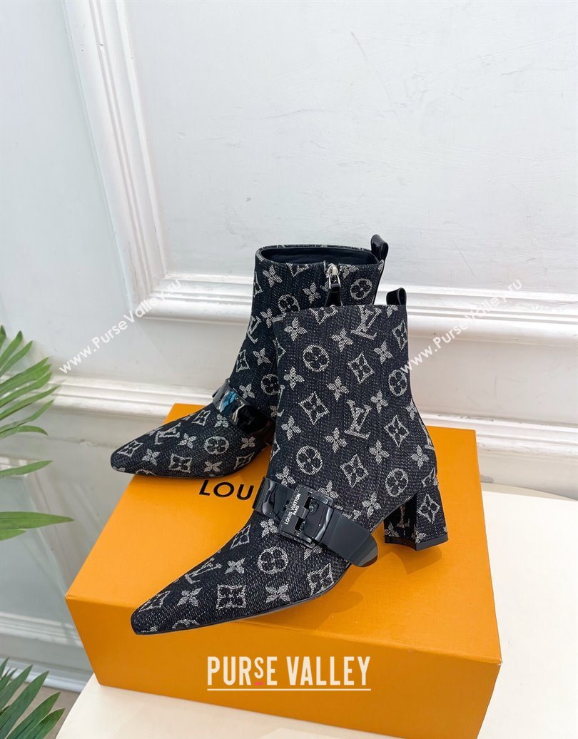 Louis Vuitton Fusee Heel Ankle Boots 5cm in Monogram Denim with Buckle Strap Black 2025 (MD-251022012)