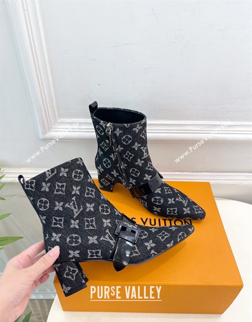 Louis Vuitton Fusee Heel Ankle Boots 5cm in Monogram Denim with Buckle Strap Black 2025 (MD-251022012)