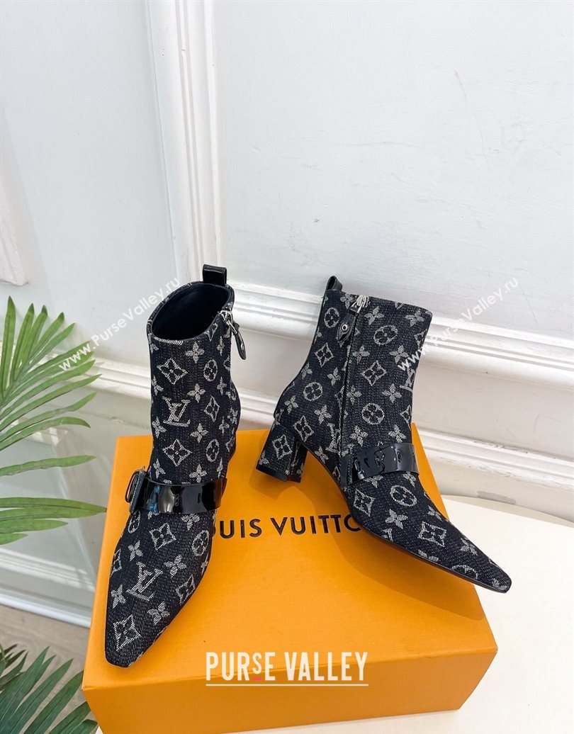 Louis Vuitton Fusee Heel Ankle Boots 5cm in Monogram Denim with Buckle Strap Black 2025 (MD-251022012)