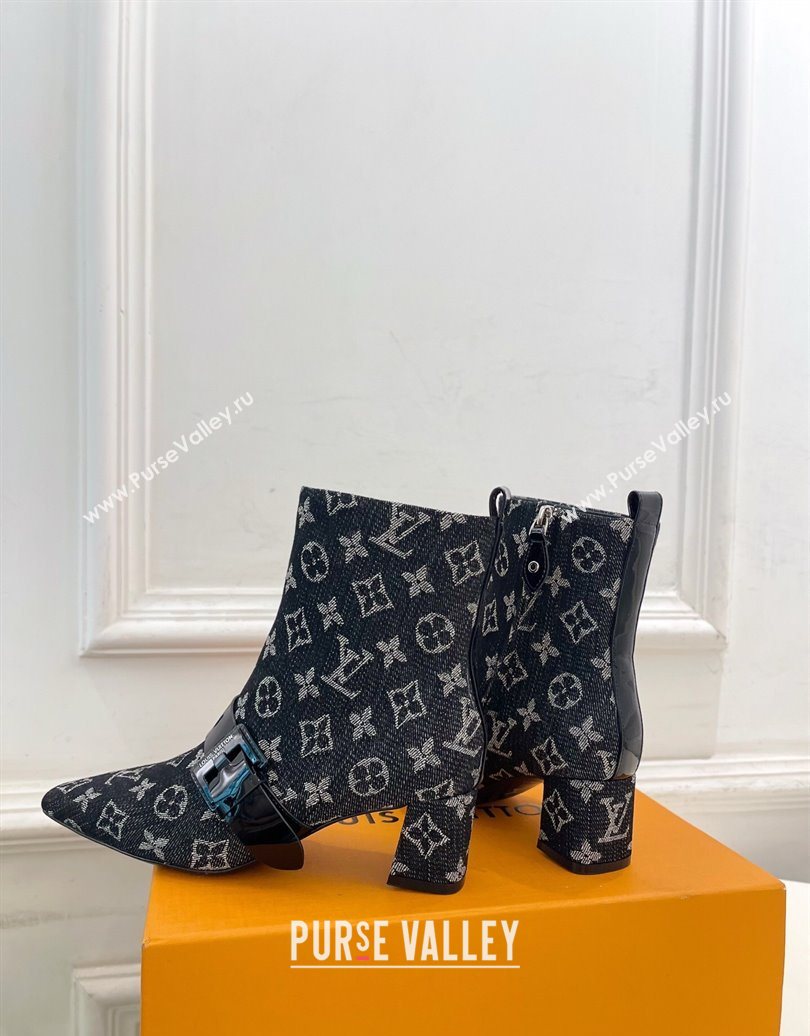 Louis Vuitton Fusee Heel Ankle Boots 5cm in Monogram Denim with Buckle Strap Black 2025 (MD-251022012)