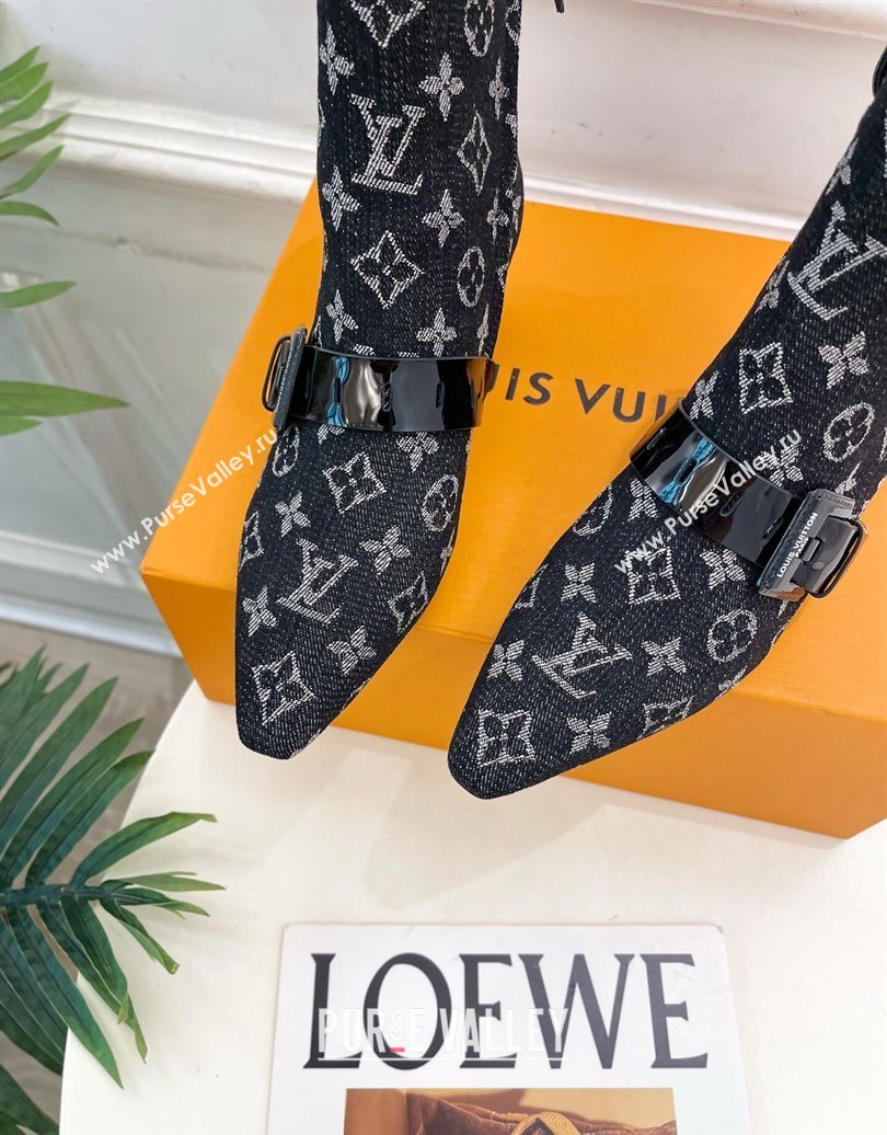 Louis Vuitton Fusee Heel Ankle Boots 5cm in Monogram Denim with Buckle Strap Black 2025 (MD-251022012)