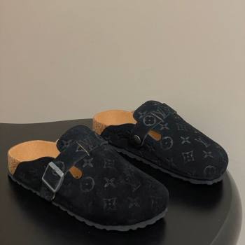 Louis Vuitton LV Cosy Flat Comfort Clog Mules with Buckle Strap in Monogram Suede Black 2025 1022 (MD-251022111)