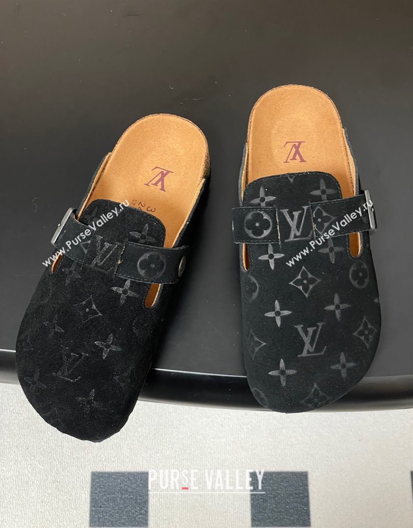 Louis Vuitton LV Cosy Flat Comfort Clog Mules with Buckle Strap in Monogram Suede Black 2025 1022 (MD-251022111)