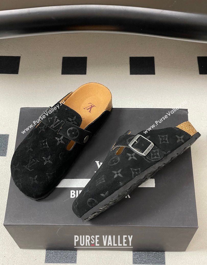 Louis Vuitton LV Cosy Flat Comfort Clog Mules with Buckle Strap in Monogram Suede Black 2025 1022 (MD-251022111)
