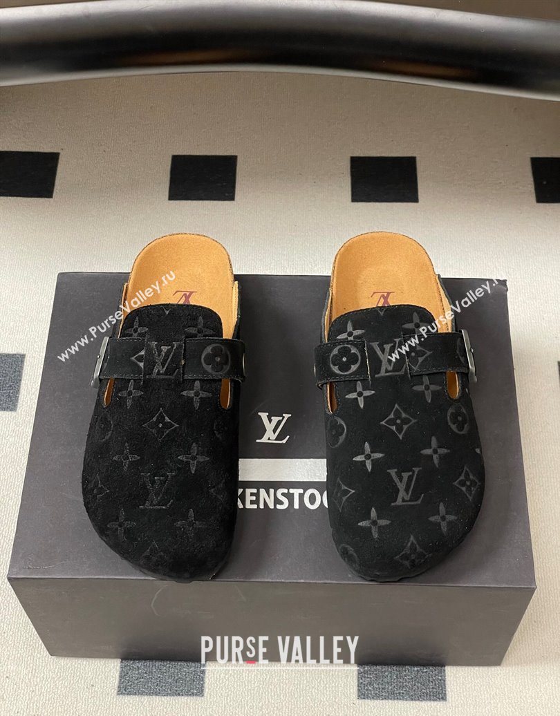 Louis Vuitton LV Cosy Flat Comfort Clog Mules with Buckle Strap in Monogram Suede Black 2025 1022 (MD-251022111)