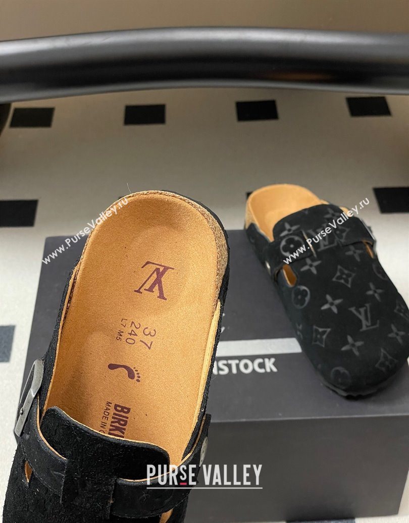 Louis Vuitton LV Cosy Flat Comfort Clog Mules with Buckle Strap in Monogram Suede Black 2025 1022 (MD-251022111)