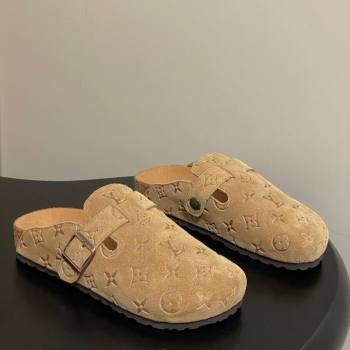 Louis Vuitton LV Cosy Flat Comfort Clog Mules with Buckle Strap in Monogram Suede Beige Yellow 2025 1022 (MD-251022112)