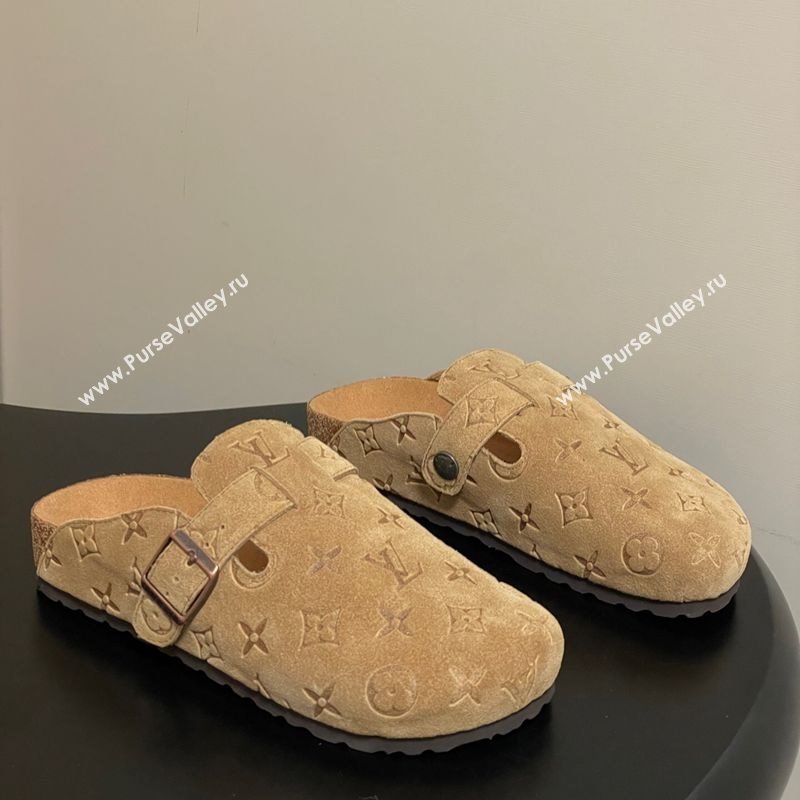 Louis Vuitton LV Cosy Flat Comfort Clog Mules with Buckle Strap in Monogram Suede Beige Yellow 2025 1022 (MD-251022112)