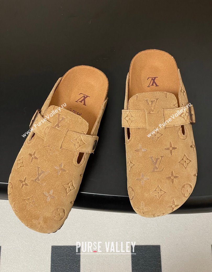 Louis Vuitton LV Cosy Flat Comfort Clog Mules with Buckle Strap in Monogram Suede Beige Yellow 2025 1022 (MD-251022112)