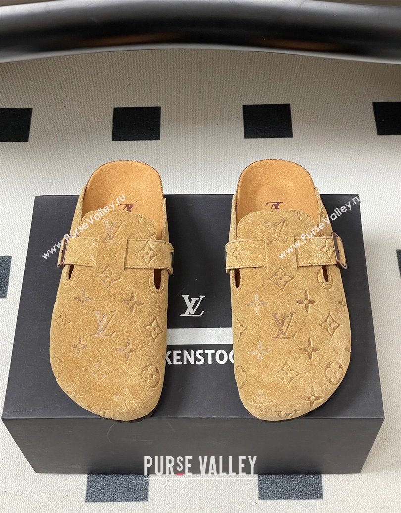 Louis Vuitton LV Cosy Flat Comfort Clog Mules with Buckle Strap in Monogram Suede Beige Yellow 2025 1022 (MD-251022112)
