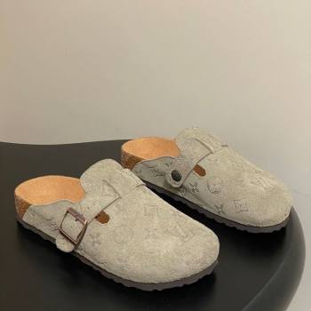 Louis Vuitton LV Cosy Flat Comfort Clog Mules with Buckle Strap in Monogram Suede Grey 2025 1022 (MD-251022113)