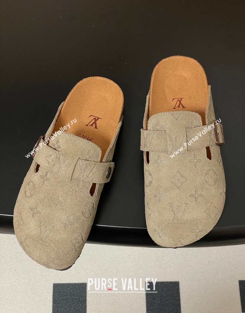 Louis Vuitton LV Cosy Flat Comfort Clog Mules with Buckle Strap in Monogram Suede Grey 2025 1022 (MD-251022113)