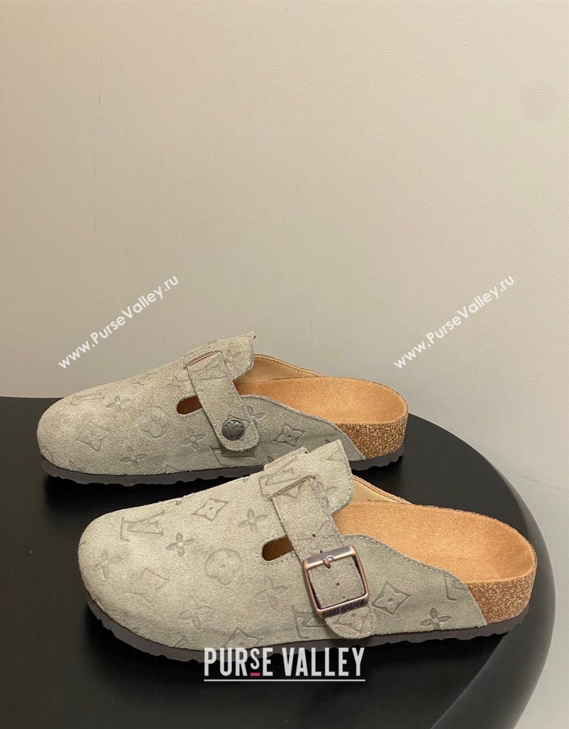 Louis Vuitton LV Cosy Flat Comfort Clog Mules with Buckle Strap in Monogram Suede Grey 2025 1022 (MD-251022113)