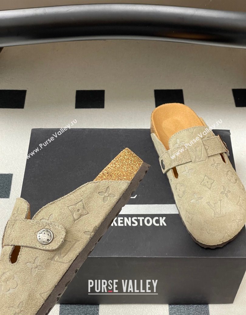Louis Vuitton LV Cosy Flat Comfort Clog Mules with Buckle Strap in Monogram Suede Grey 2025 1022 (MD-251022113)