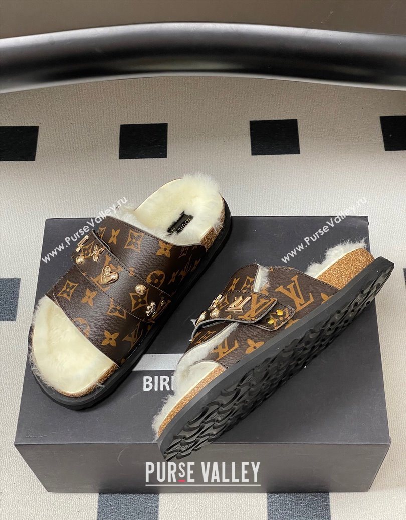 Louis Vuitton x Birkenstock Flat Slides Sandal with Charm Strap in Monogram Canvas and Wool 2025 (MD-251022120)