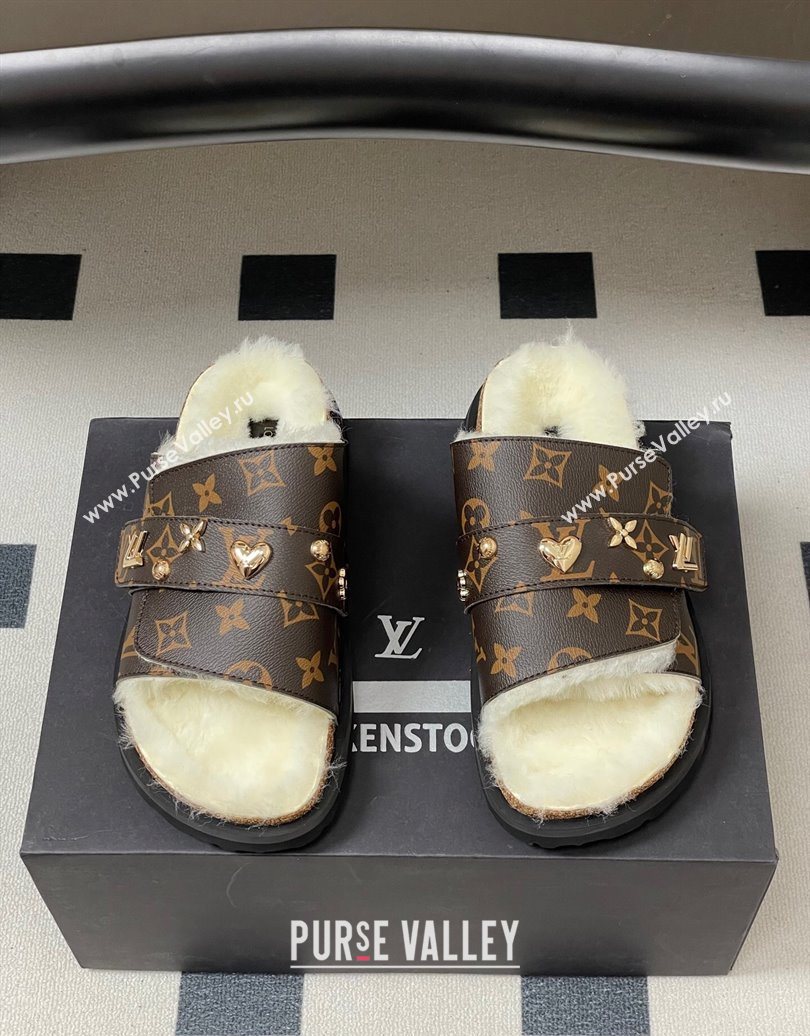 Louis Vuitton x Birkenstock Flat Slides Sandal with Charm Strap in Monogram Canvas and Wool 2025 (MD-251022120)