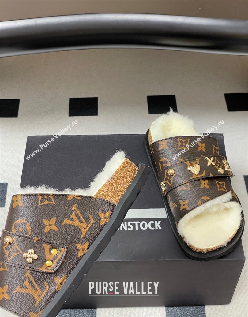 Louis Vuitton x Birkenstock Flat Slides Sandal with Charm Strap in Monogram Canvas and Wool 2025 (MD-251022120)