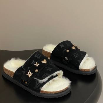 Louis Vuitton x Birkenstock Flat Slides Sandal with Charm Strap in Suede and Wool Black 2025 (MD-251022121)