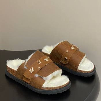 Louis Vuitton x Birkenstock Flat Slides Sandal with Charm Strap in Suede and Wool Brown 2025 (MD-251022122)
