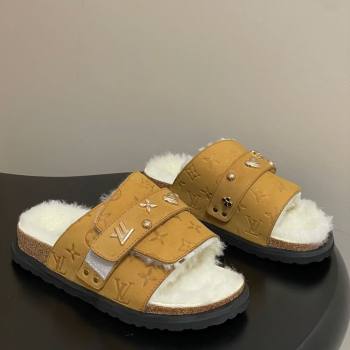 Louis Vuitton x Birkenstock Flat Slides Sandal with Charm Strap in Suede and Wool Yellow 2025 (MD-251022123)