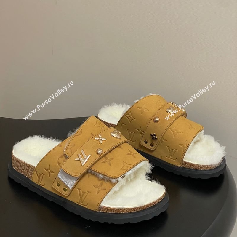 Louis Vuitton x Birkenstock Flat Slides Sandal with Charm Strap in Suede and Wool Yellow 2025 (MD-251022123)