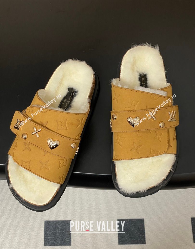 Louis Vuitton x Birkenstock Flat Slides Sandal with Charm Strap in Suede and Wool Yellow 2025 (MD-251022123)
