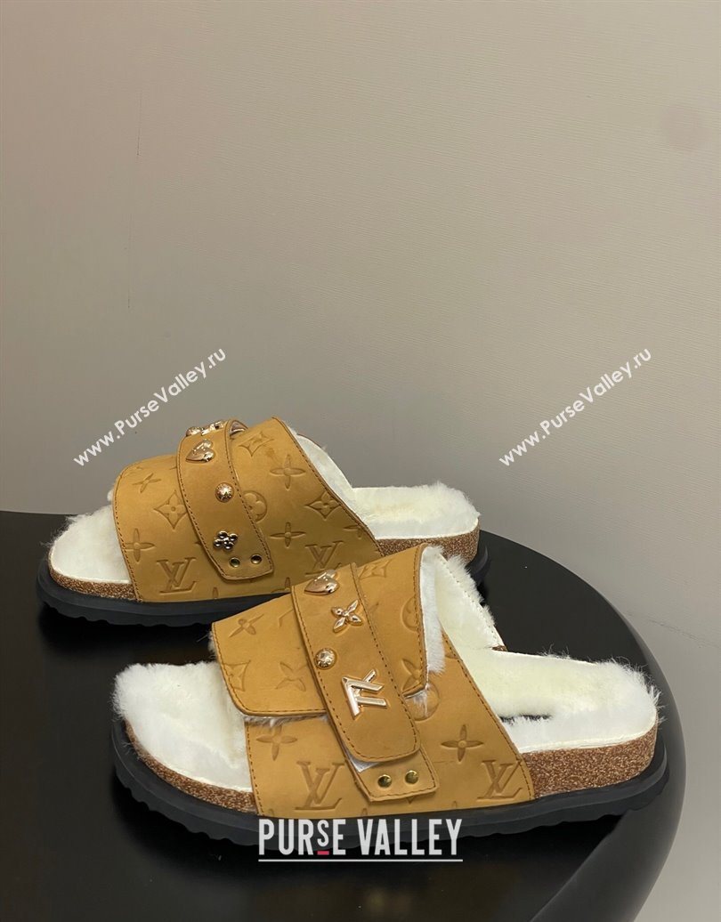 Louis Vuitton x Birkenstock Flat Slides Sandal with Charm Strap in Suede and Wool Yellow 2025 (MD-251022123)