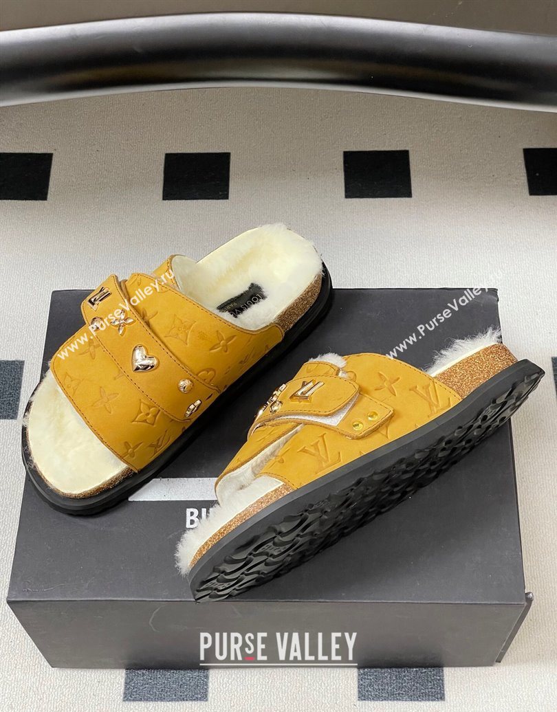 Louis Vuitton x Birkenstock Flat Slides Sandal with Charm Strap in Suede and Wool Yellow 2025 (MD-251022123)