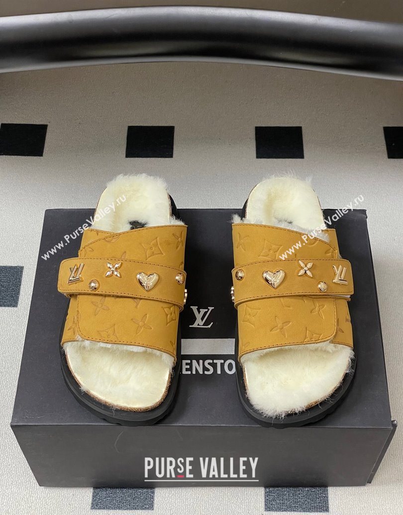 Louis Vuitton x Birkenstock Flat Slides Sandal with Charm Strap in Suede and Wool Yellow 2025 (MD-251022123)