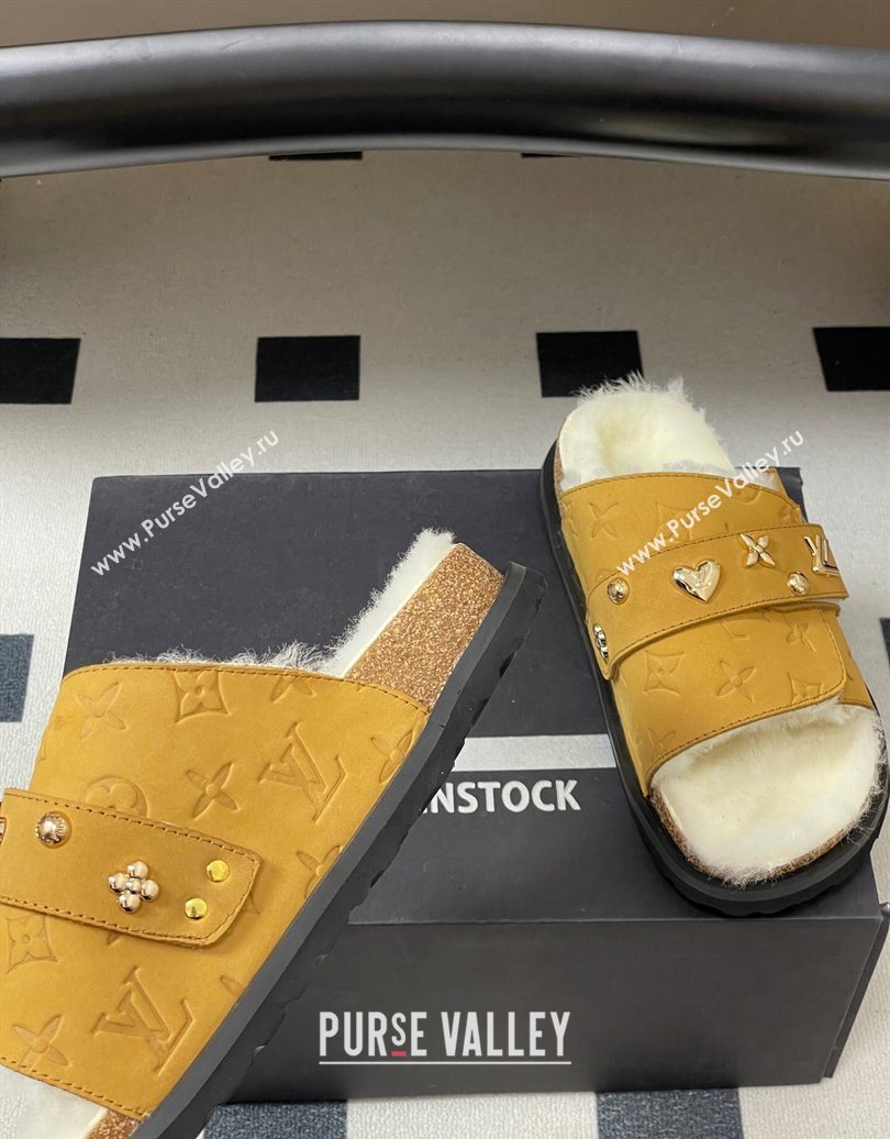 Louis Vuitton x Birkenstock Flat Slides Sandal with Charm Strap in Suede and Wool Yellow 2025 (MD-251022123)