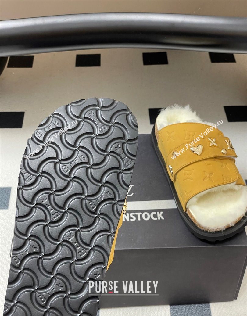 Louis Vuitton x Birkenstock Flat Slides Sandal with Charm Strap in Suede and Wool Yellow 2025 (MD-251022123)