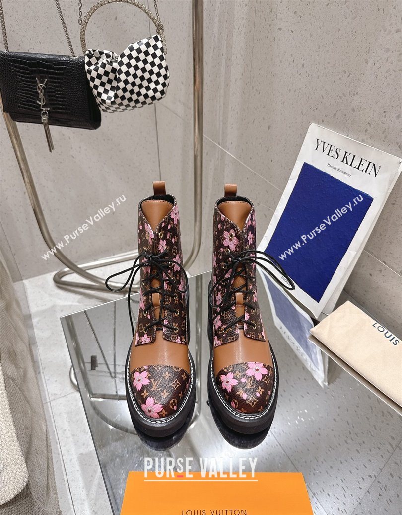 Louis Vuitton LV x TM Monogram Canvas and Leather Laced-up Ankle Boots Brown/Cherry Pink 2025 LV102204 (MD-251022029)