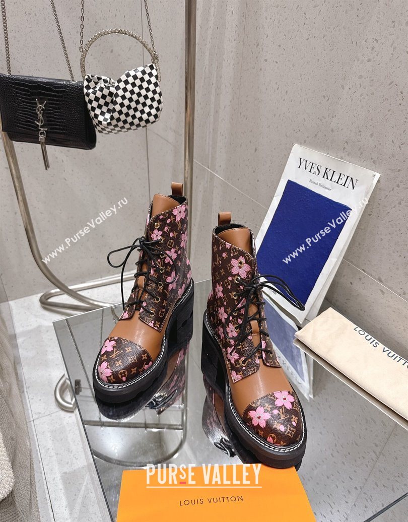 Louis Vuitton LV x TM Monogram Canvas and Leather Laced-up Ankle Boots Brown/Cherry Pink 2025 LV102204 (MD-251022029)