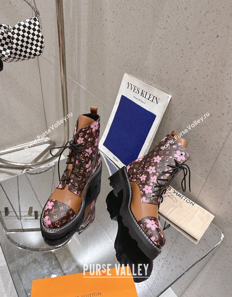 Louis Vuitton LV x TM Monogram Canvas and Leather Laced-up Ankle Boots Brown/Cherry Pink 2025 LV102204 (MD-251022029)