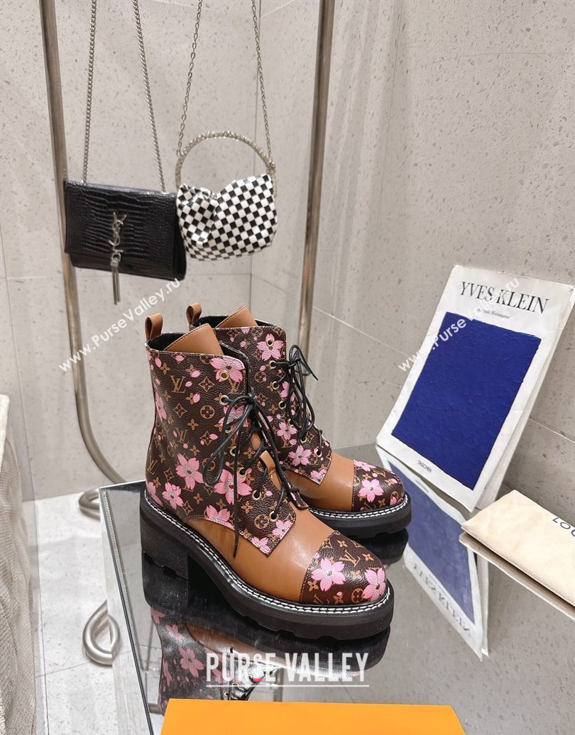 Louis Vuitton LV x TM Monogram Canvas and Leather Laced-up Ankle Boots Brown/Cherry Pink 2025 LV102204 (MD-251022029)