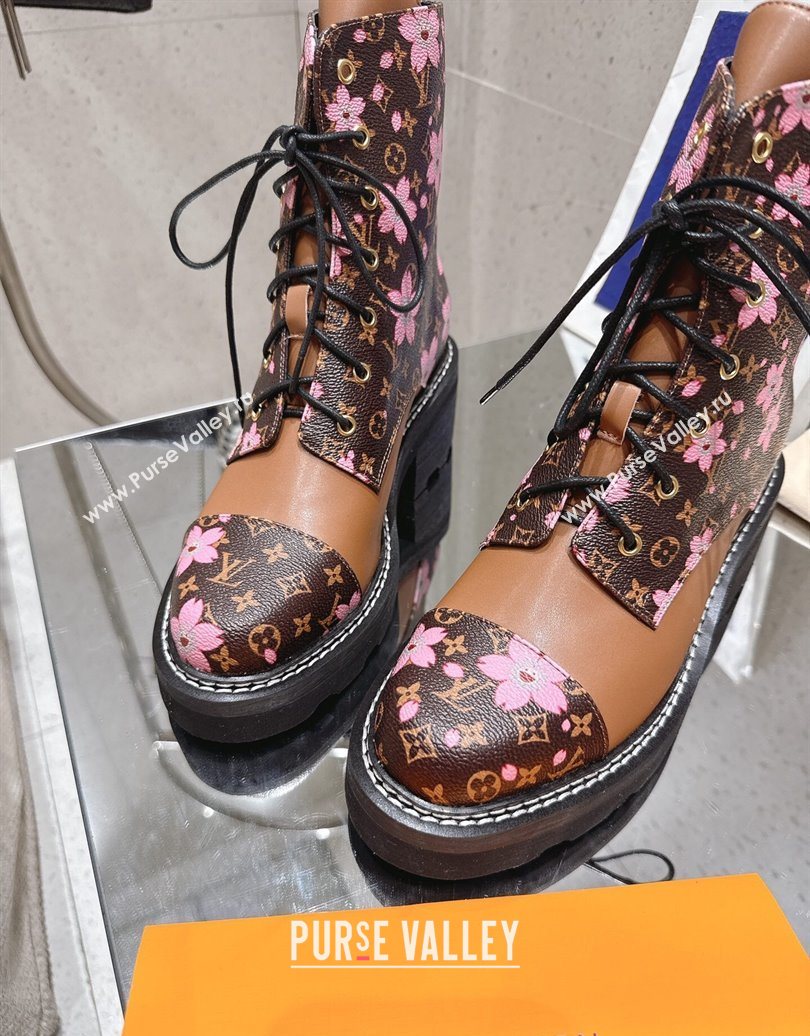Louis Vuitton LV x TM Monogram Canvas and Leather Laced-up Ankle Boots Brown/Cherry Pink 2025 LV102204 (MD-251022029)