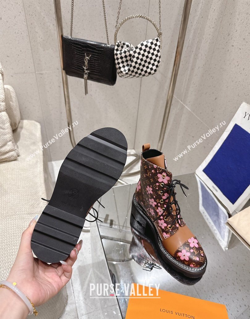 Louis Vuitton LV x TM Monogram Canvas and Leather Laced-up Ankle Boots Brown/Cherry Pink 2025 LV102204 (MD-251022029)