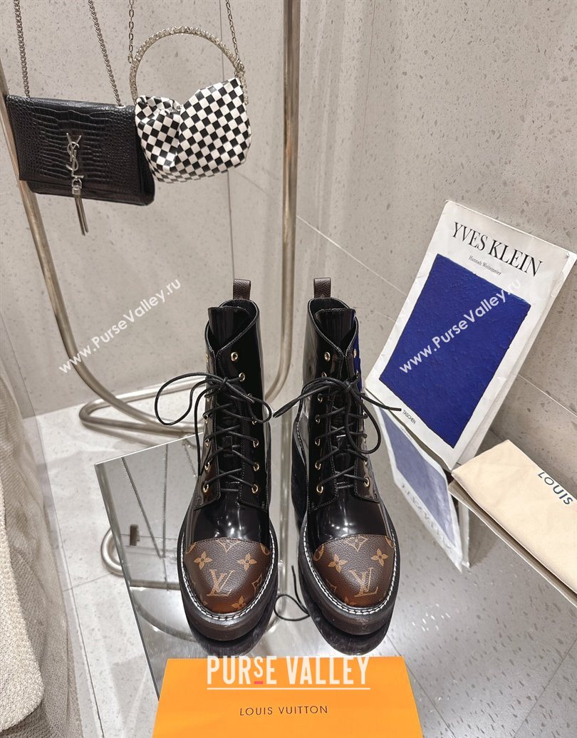 Louis Vuitton Monogram Canvas and Patent Leather Laced-up Ankle Boots Black 2025 LV102204 (MD-251022031)