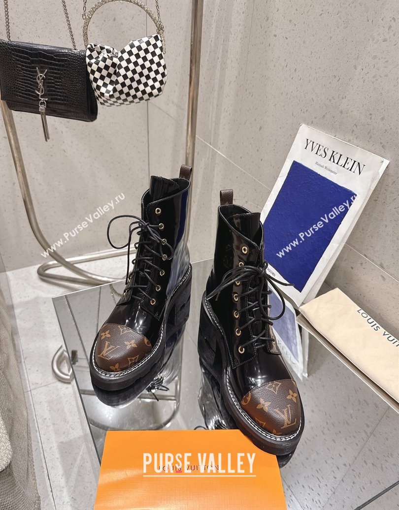 Louis Vuitton Monogram Canvas and Patent Leather Laced-up Ankle Boots Black 2025 LV102204 (MD-251022031)
