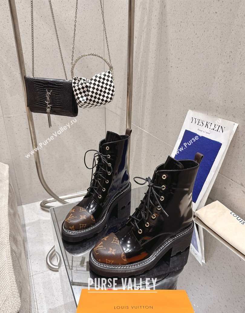 Louis Vuitton Monogram Canvas and Patent Leather Laced-up Ankle Boots Black 2025 LV102204 (MD-251022031)