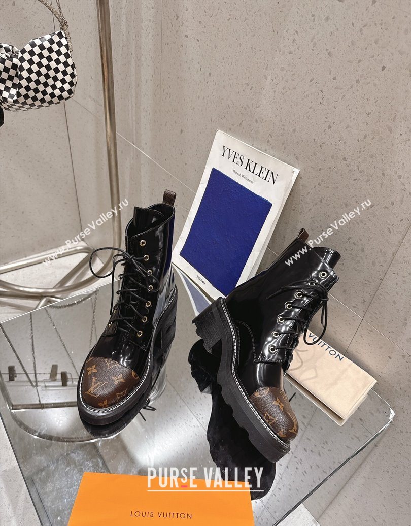 Louis Vuitton Monogram Canvas and Patent Leather Laced-up Ankle Boots Black 2025 LV102204 (MD-251022031)