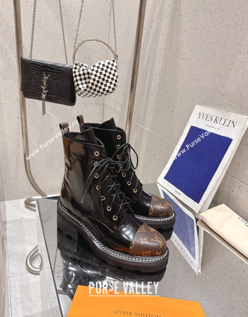 Louis Vuitton Monogram Canvas and Patent Leather Laced-up Ankle Boots Black 2025 LV102204 (MD-251022031)