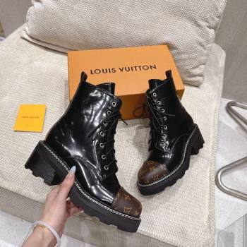 Louis Vuitton Monogram Canvas and Patent Leather Laced-up Ankle Boots Black 2025 LV102204 (MD-251022031)