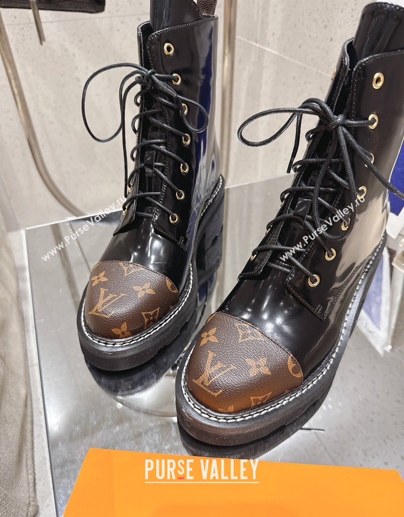 Louis Vuitton Monogram Canvas and Patent Leather Laced-up Ankle Boots Black 2025 LV102204 (MD-251022031)