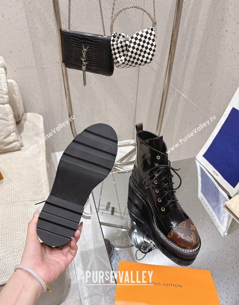 Louis Vuitton Monogram Canvas and Patent Leather Laced-up Ankle Boots Black 2025 LV102204 (MD-251022031)