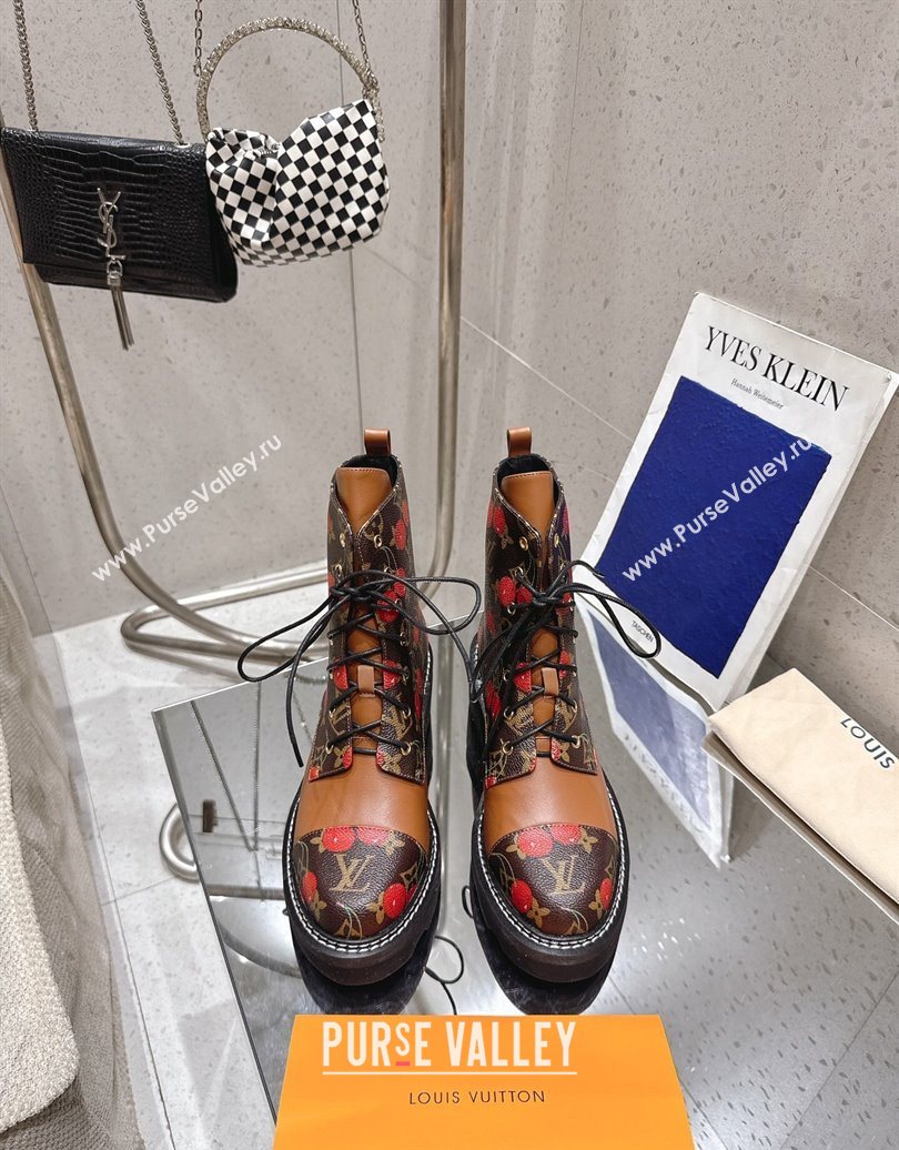 Louis Vuitton LV x TM Monogram Canvas and Leather Laced-up Ankle Boots Brown/Cherry Red 2025 LV102204 (MD-251022032)