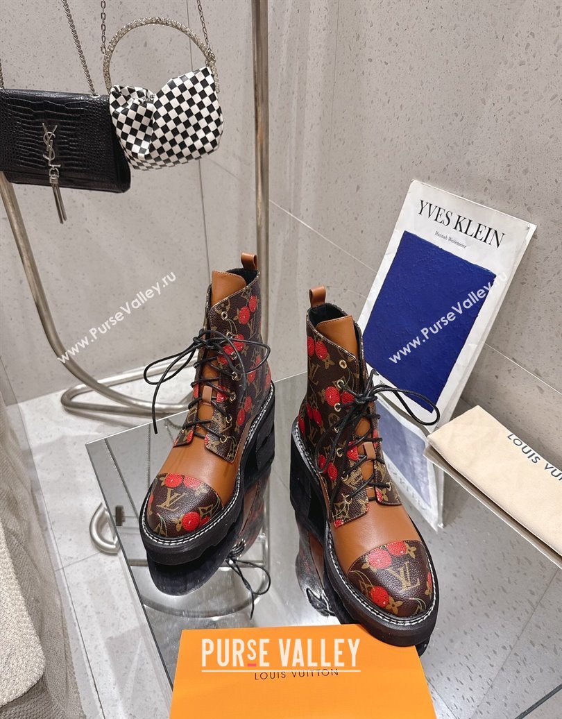 Louis Vuitton LV x TM Monogram Canvas and Leather Laced-up Ankle Boots Brown/Cherry Red 2025 LV102204 (MD-251022032)
